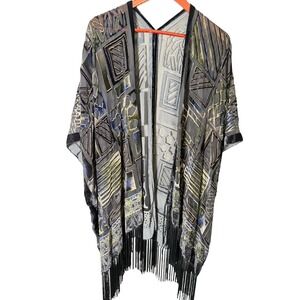 Flair Silk Blend Velvet Burnout Kimono Fringe Geometric Grey Gold Wrap OS